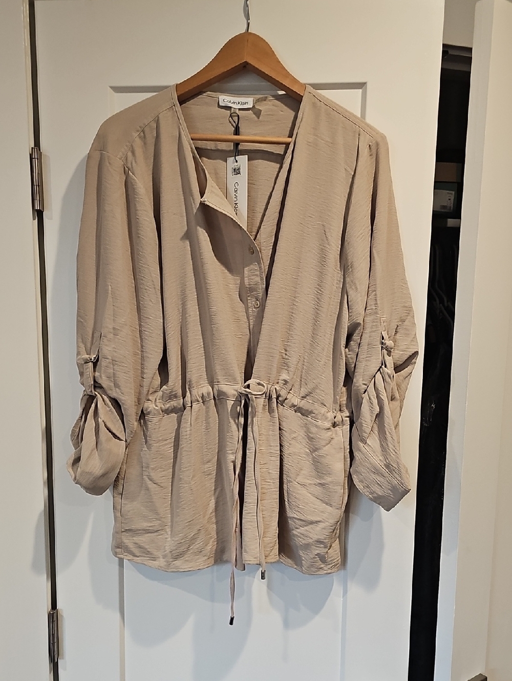 Calvin Klein Light Taupe Drawstring Utility Blouse